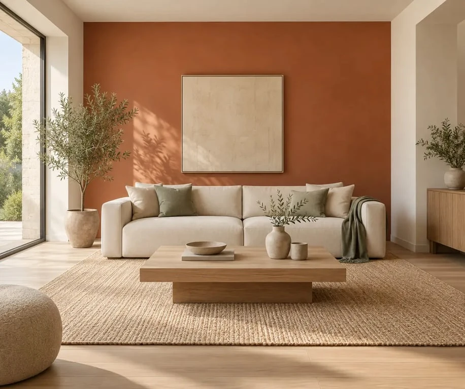 Décoration terracotta salon avec un mur coloré derrière un canapé écru
