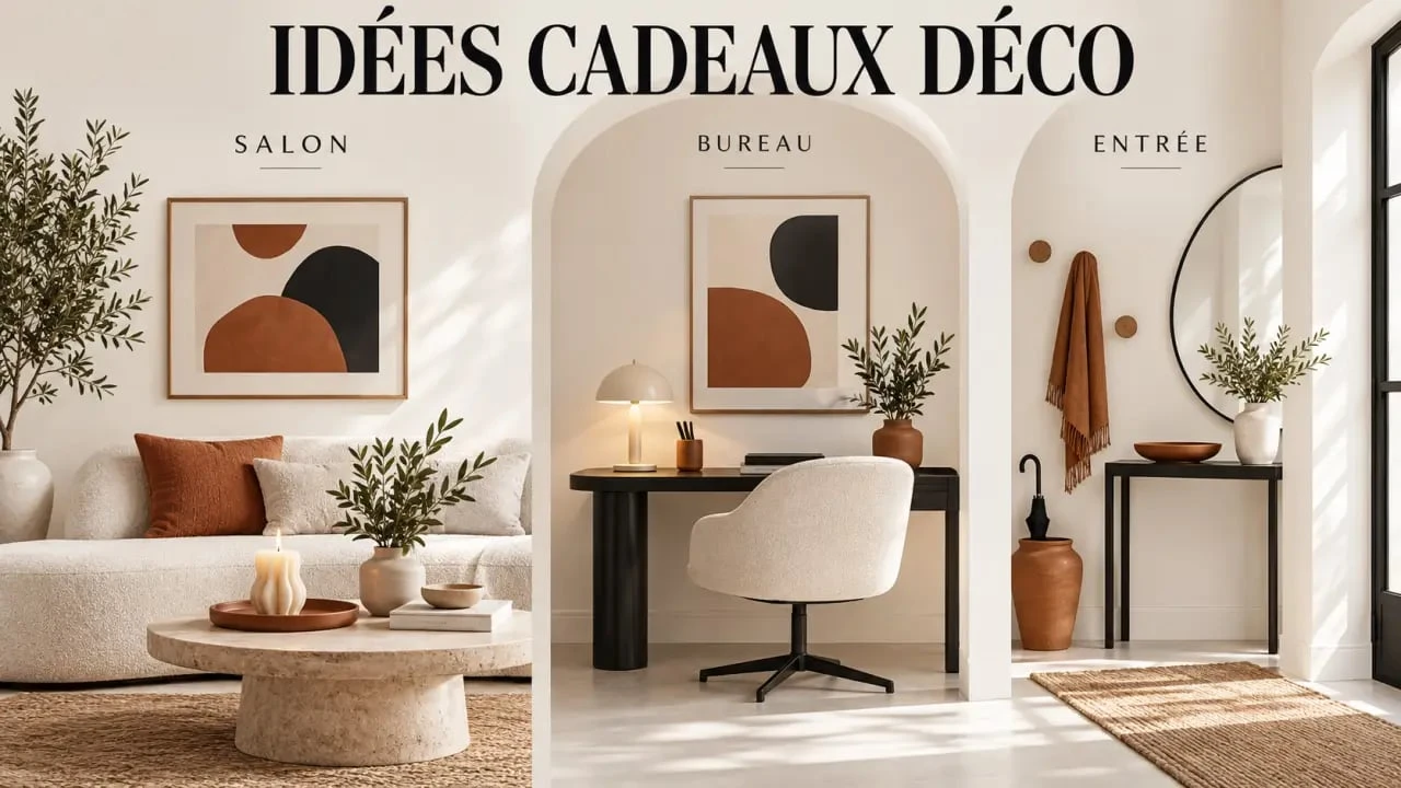Idée cadeaux décoration avec lampe, bougie, plateau et cache-pot dans un intérieur chaleureux