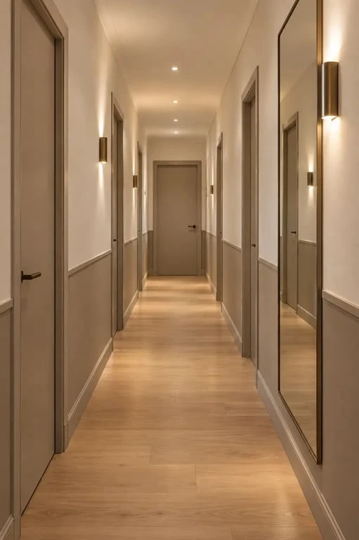 Idée déco couloir long et étroit avec miroir latéral, soubassement et éclairage