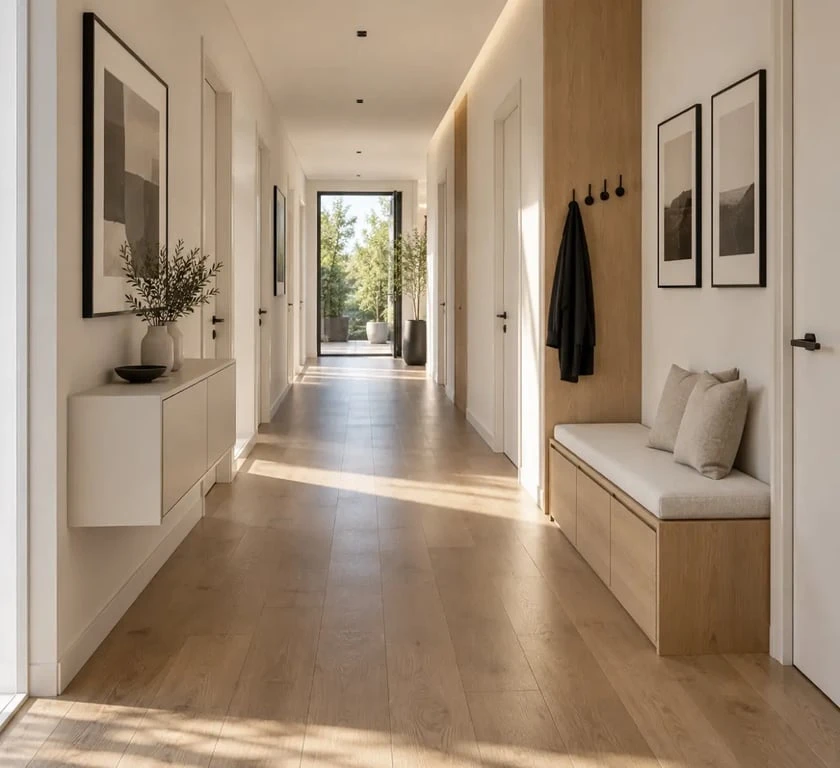 Idée déco couloir long avec rangement mural fin, patères et banquette