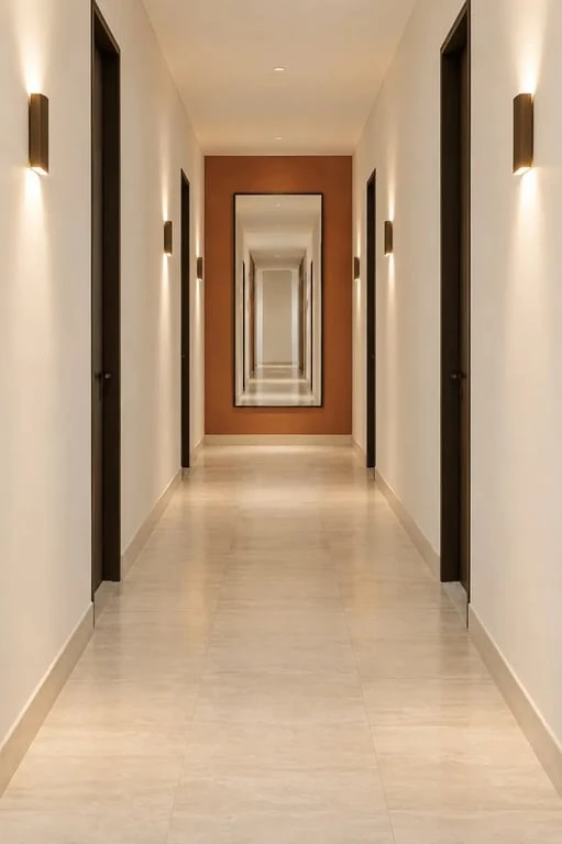 Idée déco couloir long avec mur du fond coloré, miroir et éclairage chaleureux