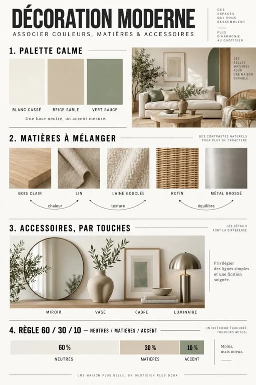 Infographie sur les couleurs et matières d’une décoration maison moderne
