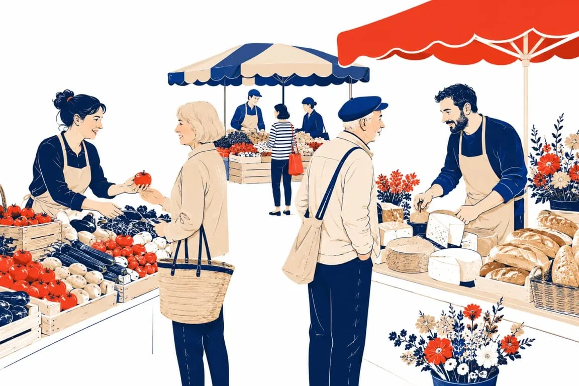 Marché local animé avec étals de produits frais et producteurs en discussion