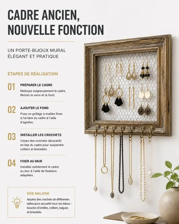 Cadre en bois upcyclé en porte-bijoux pour une déco fait maison facile