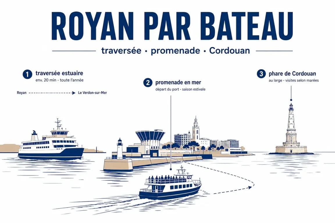 Bateau Royan : ferry, promenade en mer et sortie vers Cordouan illustrés sur le littoral