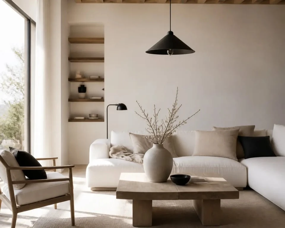 deco home : salon chaleureux avec bois, métal noir et textiles naturels