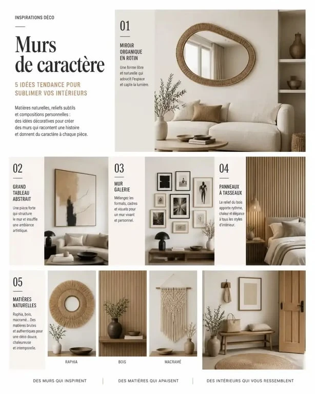 Inspirations de décoration murale tendance avec miroir, tableau, matières naturelles et mur galerie