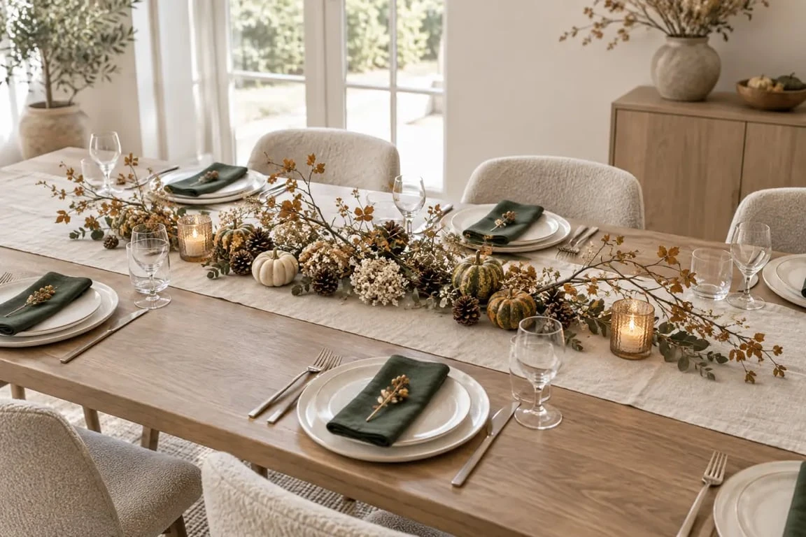 Décoration automne pour une table avec centre de table bas, courges et fleurs séchées