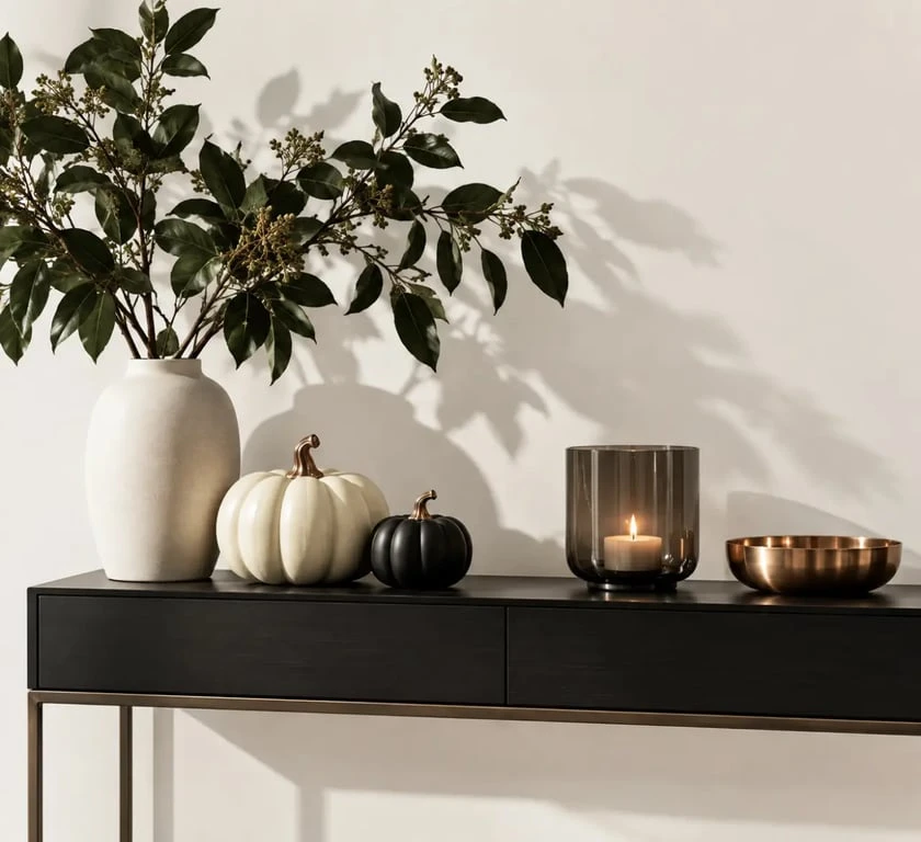 Décoration automne chic avec citrouilles noires et blanches, cuivre et verre fumé