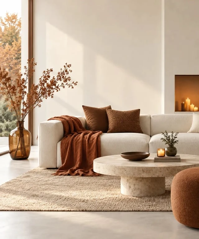 Décoration automne dans un salon contemporain avec terracotta, textiles et lumière douce
