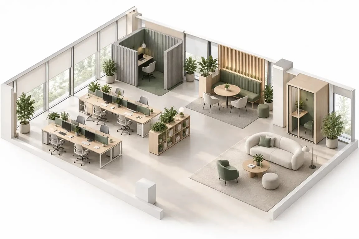 Décoration open space avec zones de travail, plantes, mobilier modulable et solutions acoustiques