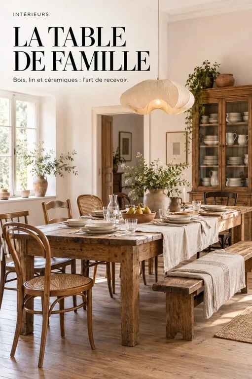 Salle à manger conviviale dans une déco maison de famille autour d'une grande table en bois