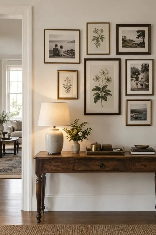 Mur de cadres personnalisé dans une déco maison de famille avec objets anciens et lumière douce