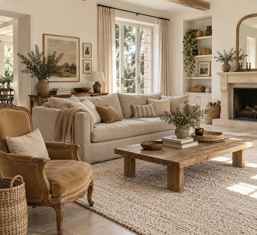 Salon chaleureux dans une déco maison de famille avec meubles anciens et matières naturelles