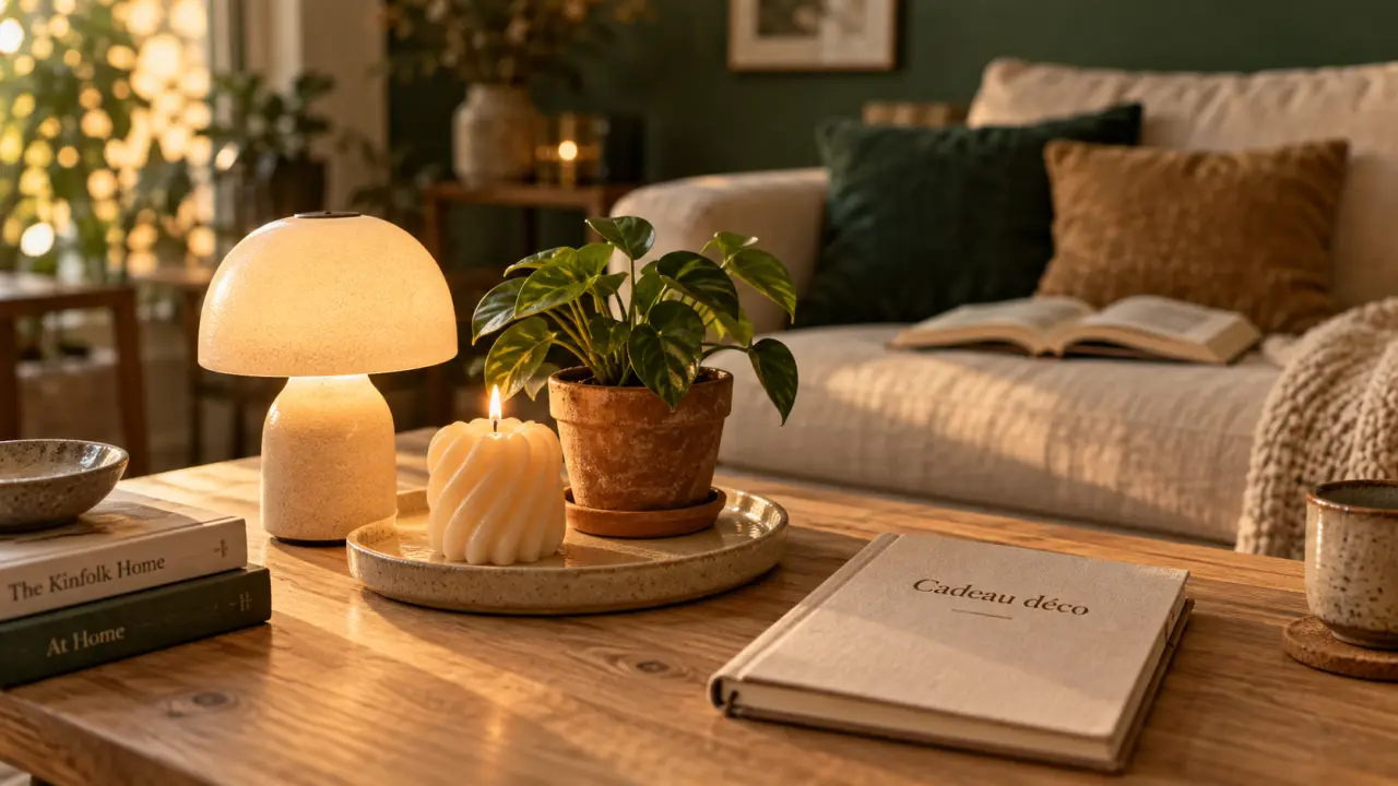 Idee cadeaux decoration : lampe d’ambiance, bougie et plante sur table basse