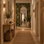 Idee deco couloir long : mur du fond avec papier peint et miroir