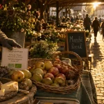 Marché local : étals, fruits et fromages, panier de producteur