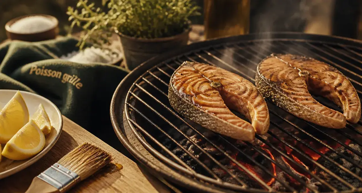 Poisson aux barbecue avec peau dorée sur grille de barbecue