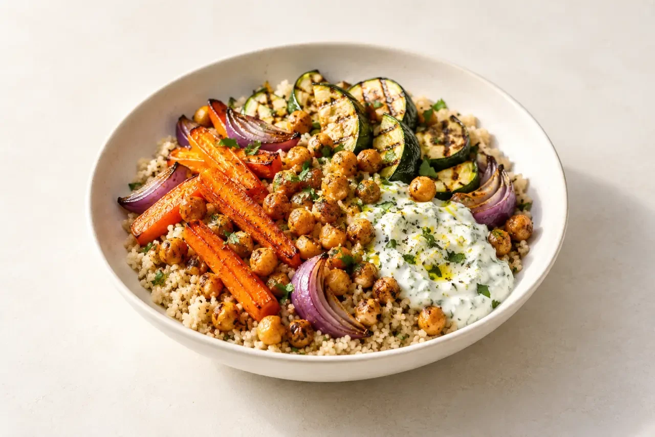 Plat healthy de semoule, pois chiches et légumes rôtis avec sauce citronnée