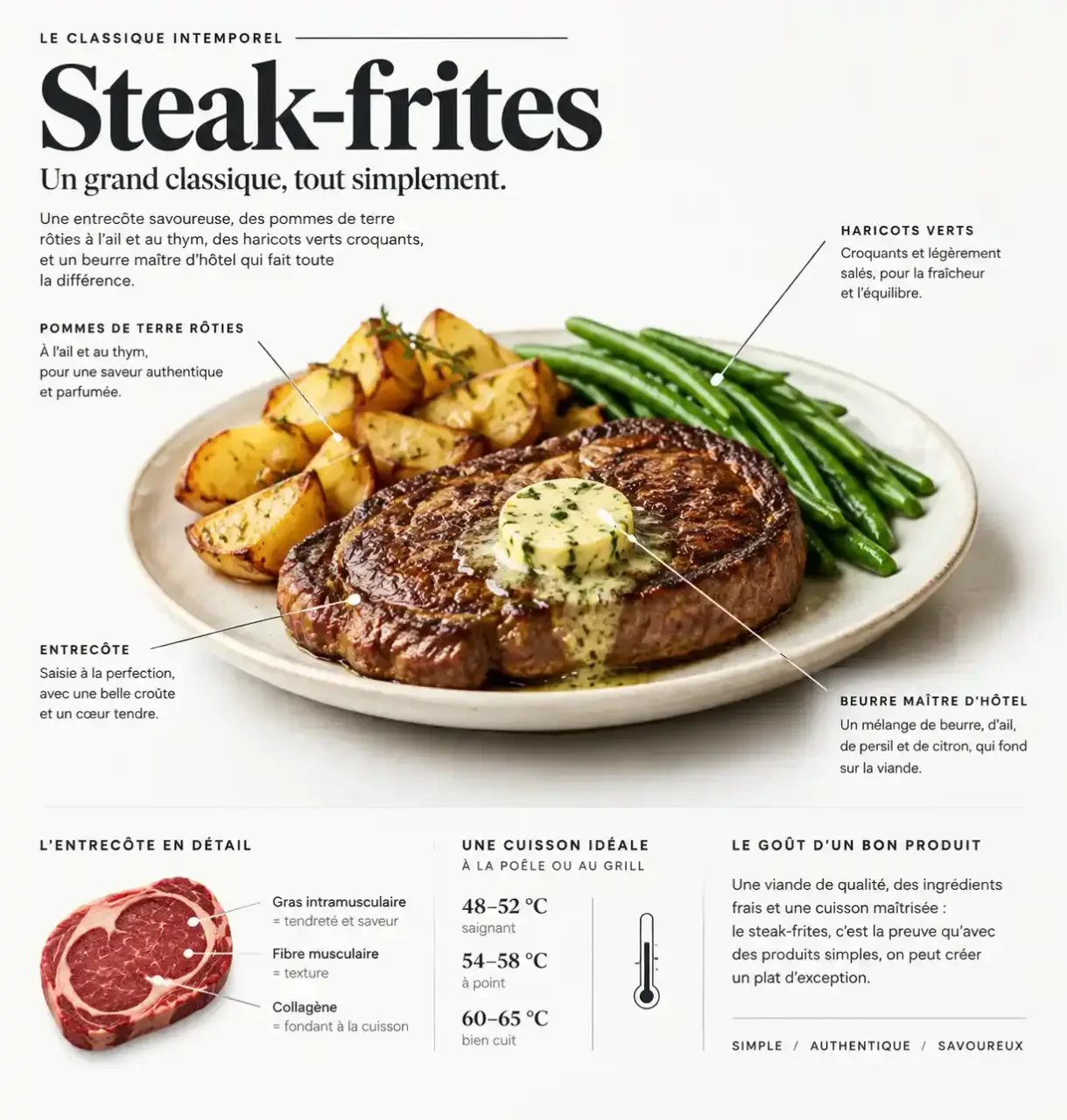 Accompagnements steak : entrecôte servie avec pommes de terre rôties, haricots verts et beurre maître d'hôtel