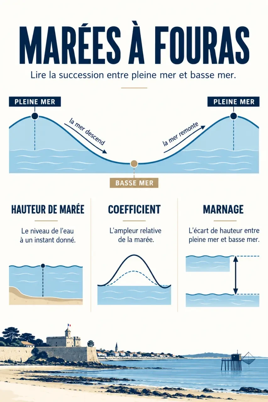 Infographie expliquant les horaires des marées à Fouras, la pleine mer, la basse mer, la hauteur et le coefficient