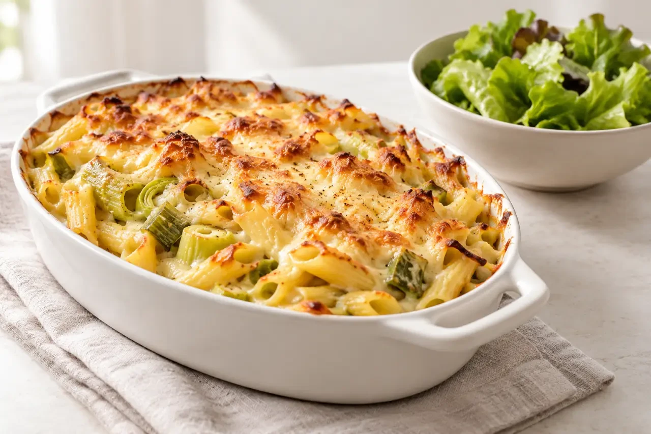 Repas pour dimanche midi avec gratin de pâtes aux poireaux et salade verte