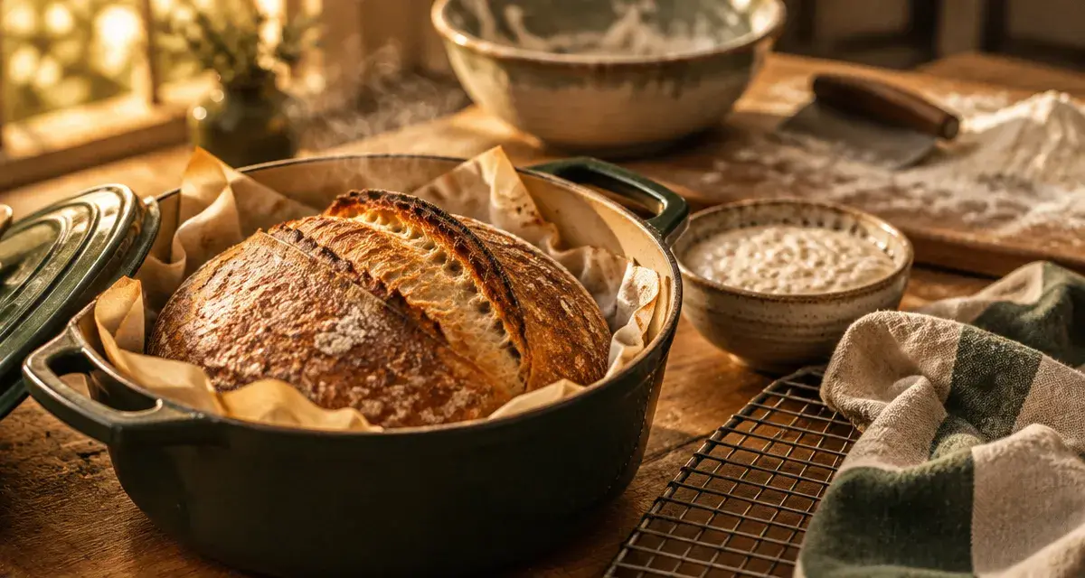 Recette pain au levain maison : pain au levain doré, cuisson en cocotte