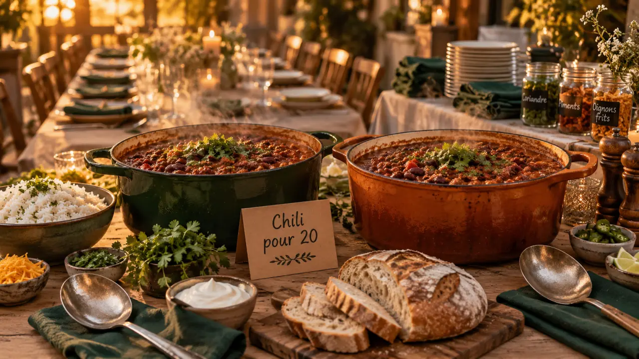 Repas 20 personnes : cocottes de chili fumantes, table dressée