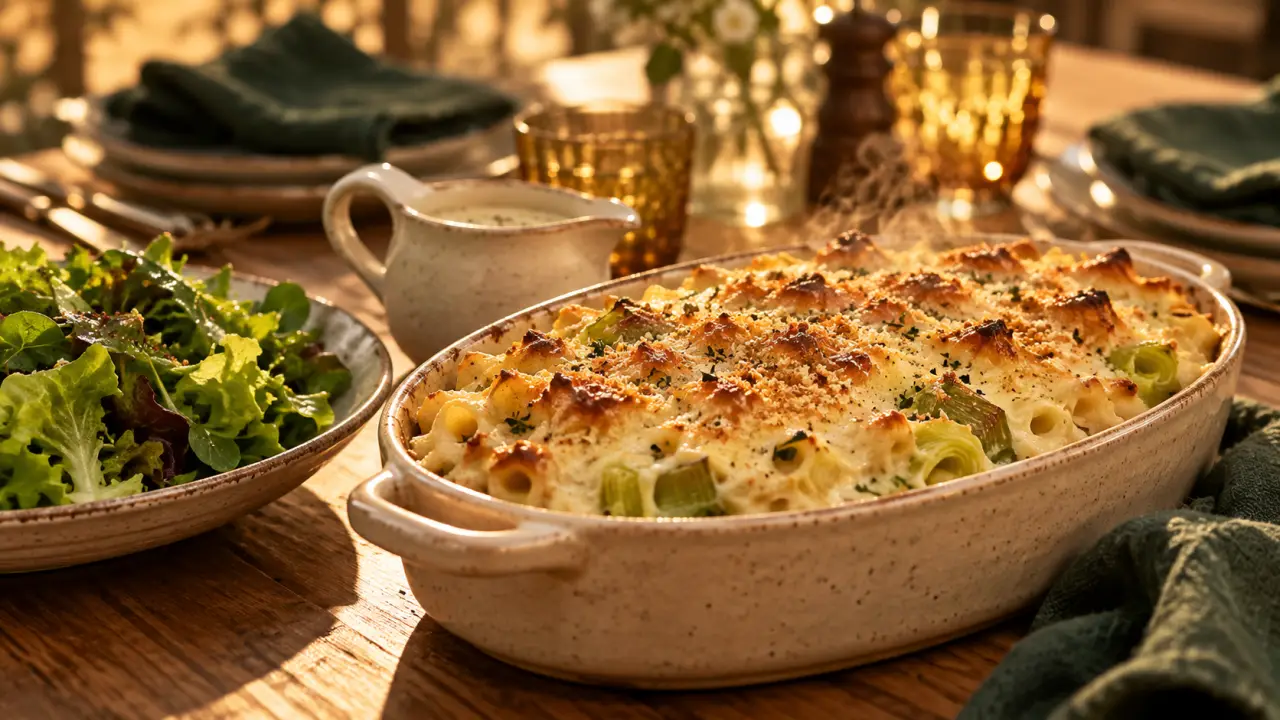 Repas pour dimanche midi : gratin aux poireaux à table, lumière dorée