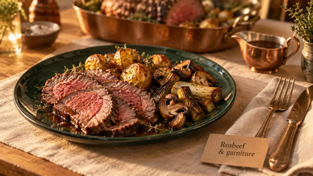 Rosbeef accompagnement : garniture de pommes de terre rôties et légumes