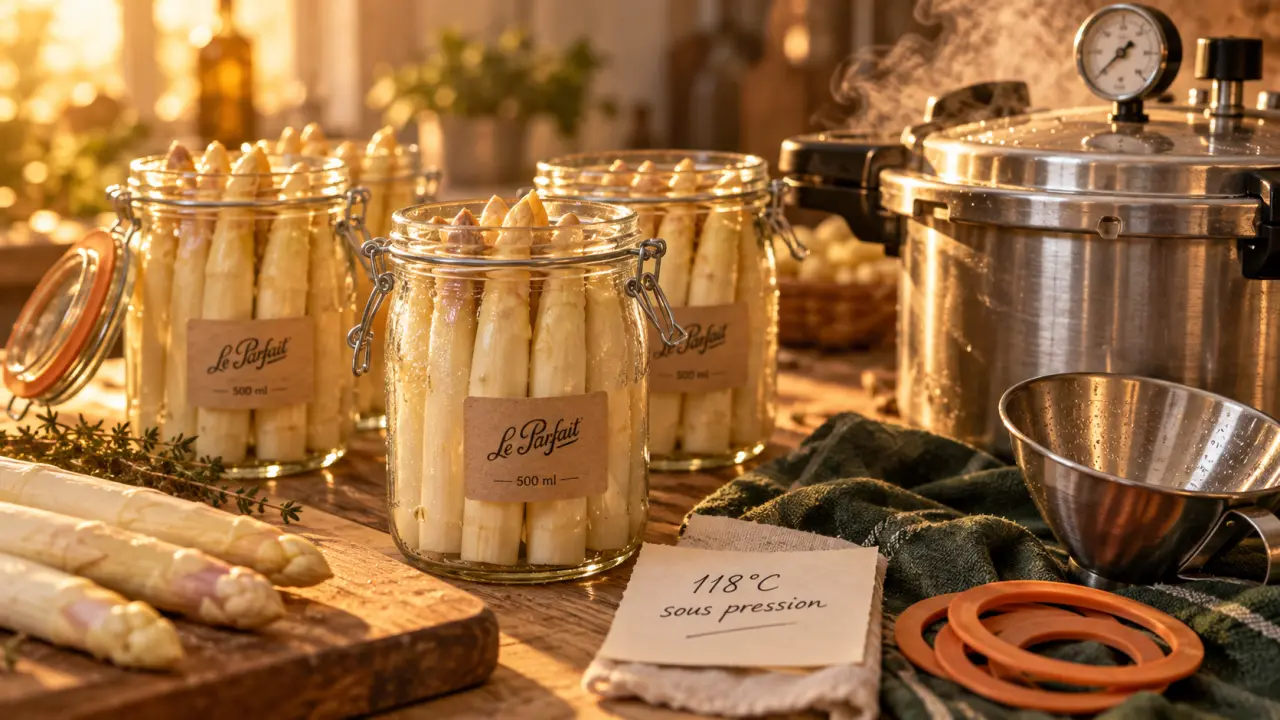 Stérilisation asperges crues le parfait : bocaux en verre au bain-marie 100°C