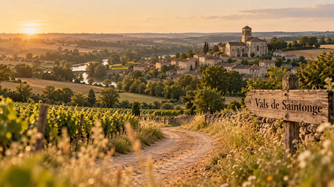 Val de saintonge : paysage rural et église romane, route de campagne